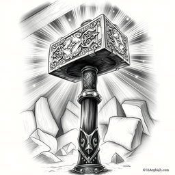 A captivating black and white drawing of a dwarven magical two-handed battlehammer, radiating an aura of power and enchantment