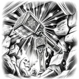 A captivating black and white drawing of a dwarven magical two-handed battlehammer, radiating an aura of power and enchantment