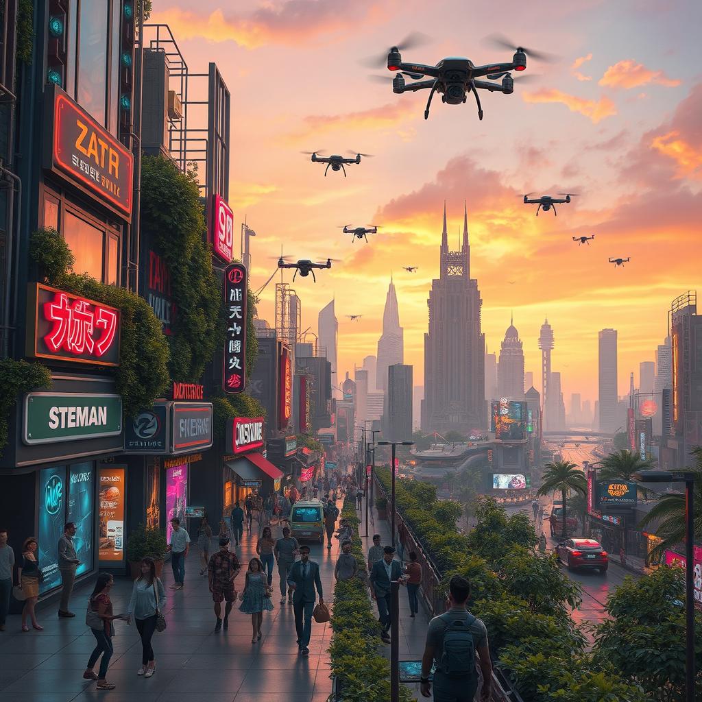 A visually captivating scene depicting a vibrant future cityscape with flying vehicles, neon signs, and futuristic architecture