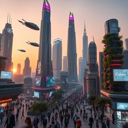 A futuristic cityscape featuring towering skyscrapers, advanced transportation systems, and vibrant neon lights