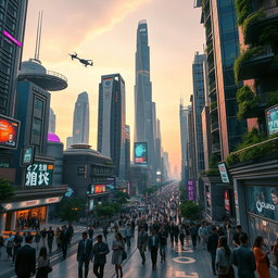 A futuristic cityscape featuring towering skyscrapers, advanced transportation systems, and vibrant neon lights