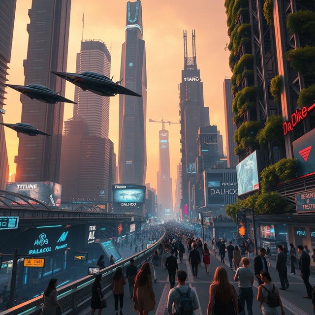 A futuristic cityscape featuring towering skyscrapers, advanced transportation systems, and vibrant neon lights