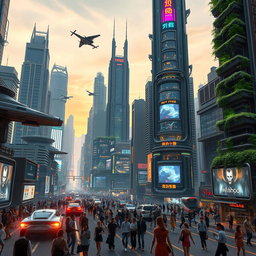 A futuristic cityscape featuring towering skyscrapers, advanced transportation systems, and vibrant neon lights