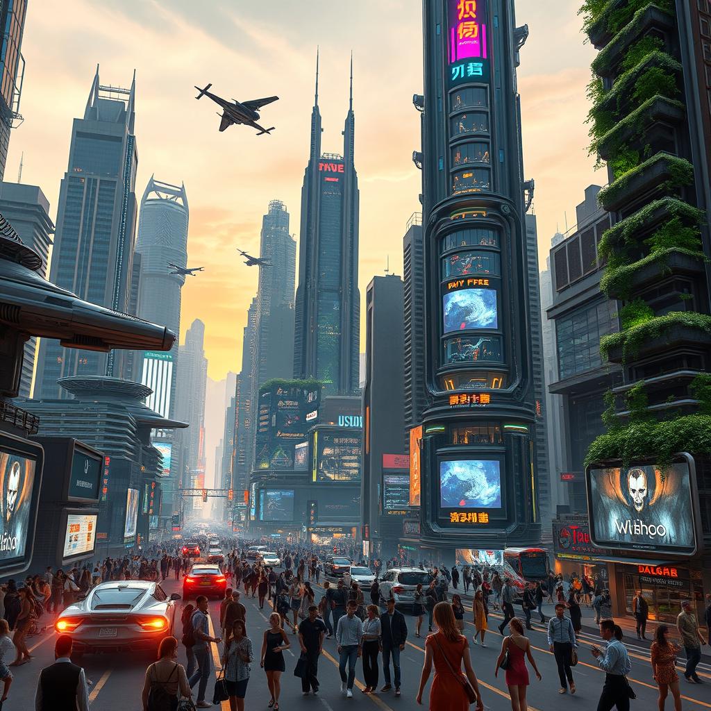 A futuristic cityscape featuring towering skyscrapers, advanced transportation systems, and vibrant neon lights