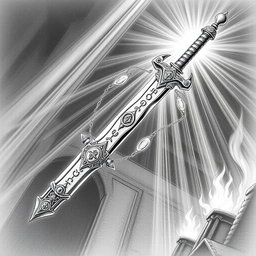 An enchanting black and white drawing of a dwarven magical holy longsword, radiating an ethereal glow as if infused with divine power