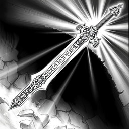 An enchanting black and white drawing of a dwarven magical holy longsword, radiating an ethereal glow as if infused with divine power