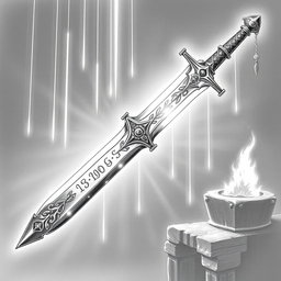 An enchanting black and white drawing of a dwarven magical holy longsword, radiating an ethereal glow as if infused with divine power
