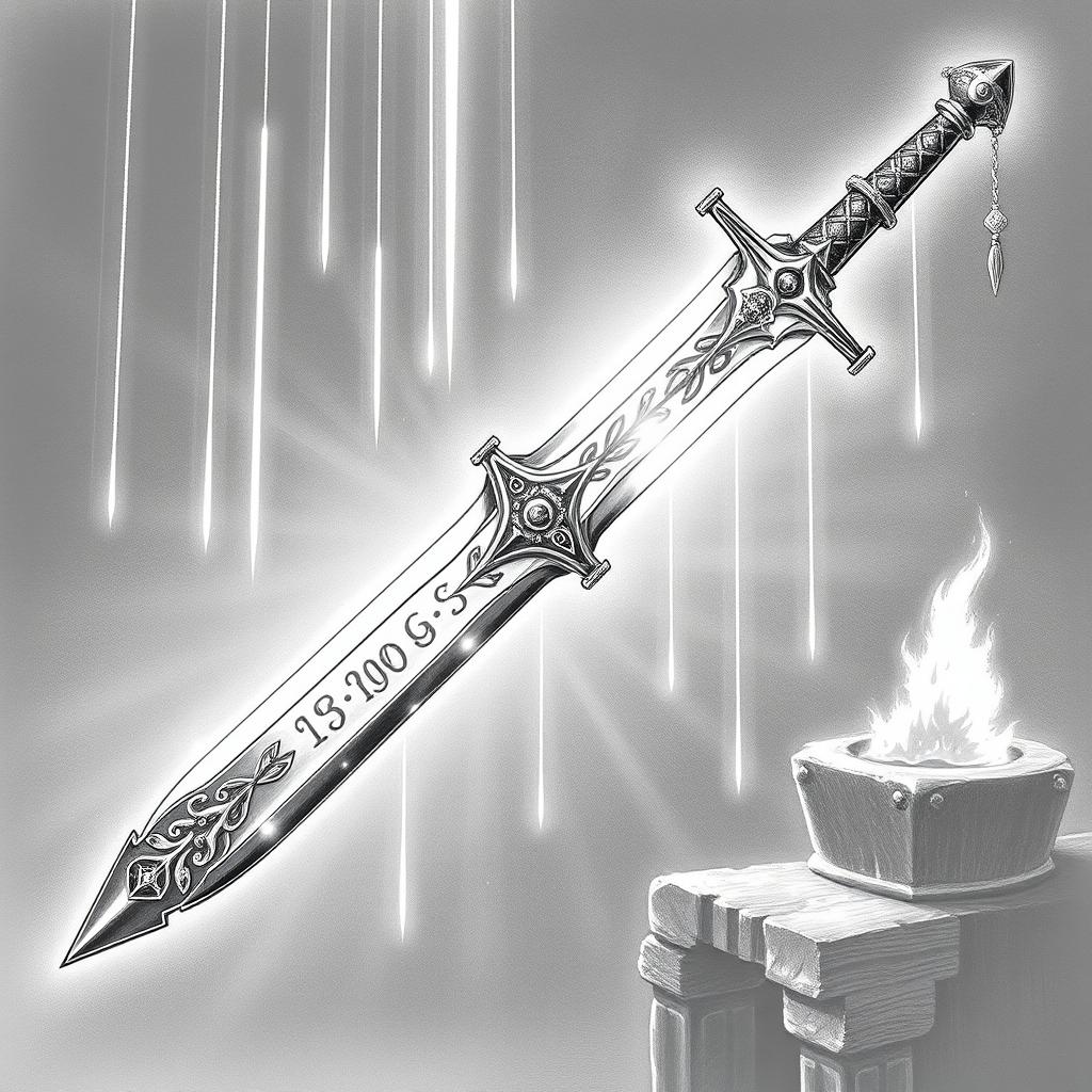 An enchanting black and white drawing of a dwarven magical holy longsword, radiating an ethereal glow as if infused with divine power