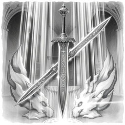 An enchanting black and white drawing of a dwarven magical holy longsword, radiating an ethereal glow as if infused with divine power