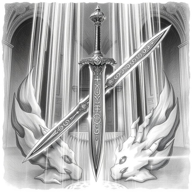 An enchanting black and white drawing of a dwarven magical holy longsword, radiating an ethereal glow as if infused with divine power