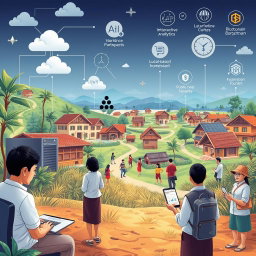 A futuristic illustration rooted in local culture, showcasing various key resources in the digitalization of rural tourism