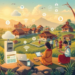 A futuristic illustration rooted in local culture, showcasing various key resources in the digitalization of rural tourism