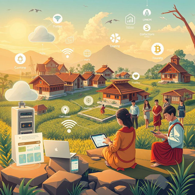 A futuristic illustration rooted in local culture, showcasing various key resources in the digitalization of rural tourism