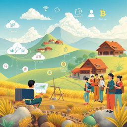 A futuristic illustration rooted in local culture, showcasing various key resources in the digitalization of rural tourism