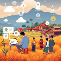 A futuristic illustration rooted in local culture, showcasing various key resources in the digitalization of rural tourism
