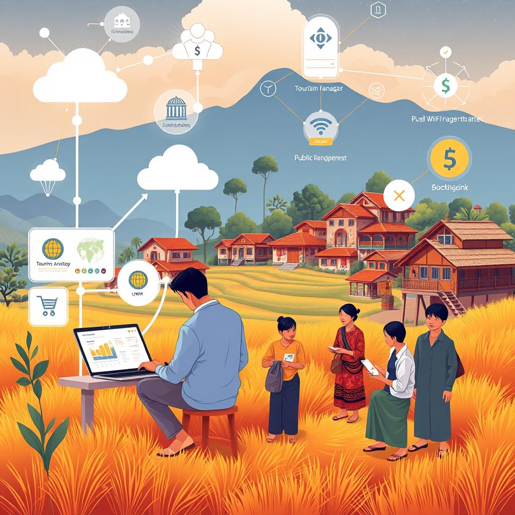 A futuristic illustration rooted in local culture, showcasing various key resources in the digitalization of rural tourism
