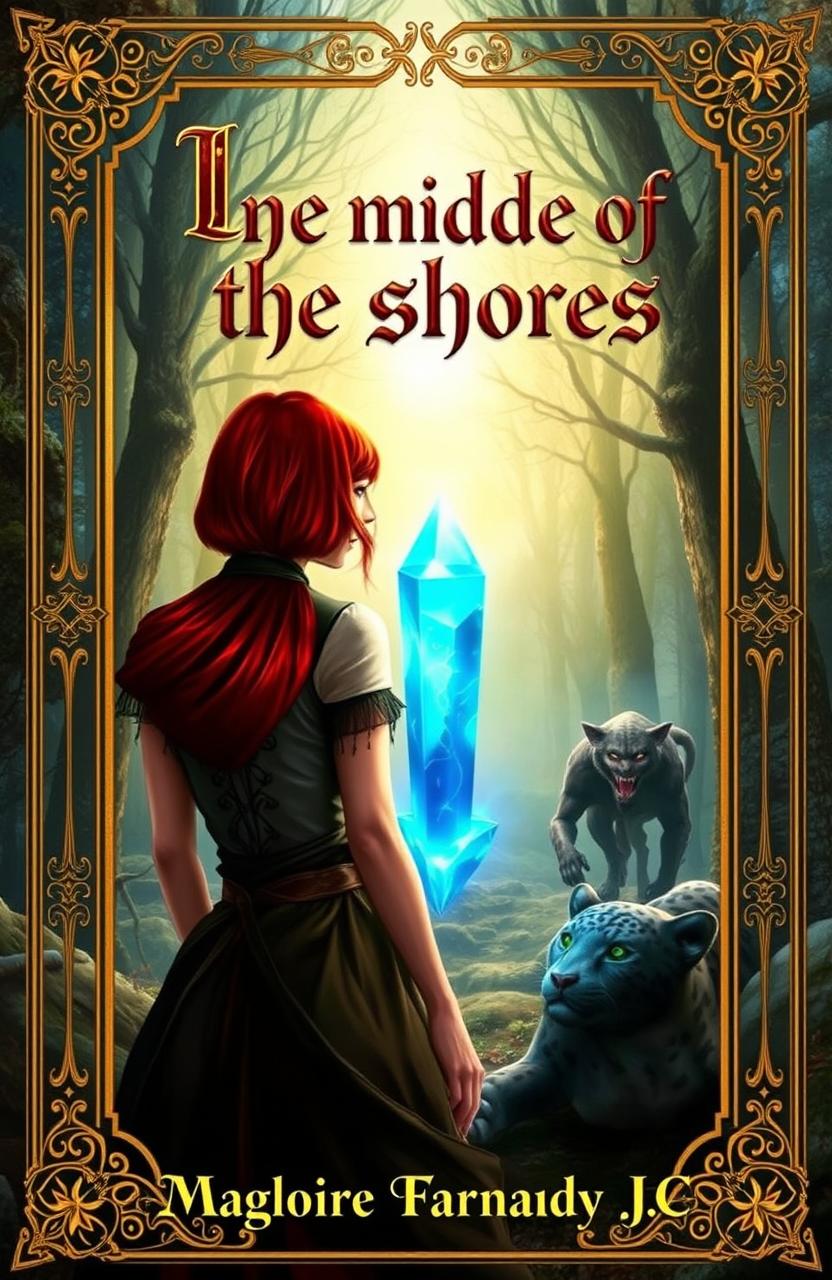 A fantasy book cover featuring a mysterious woman with short red hair seen from behind, standing in a magical forest alongside a beautiful elf and a panther