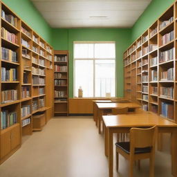 Depict a straightforward, clean-lined school library containing orderly & well-kept bookshelves and practical furniture for reading & studying, in a subdued, tranquil environment.