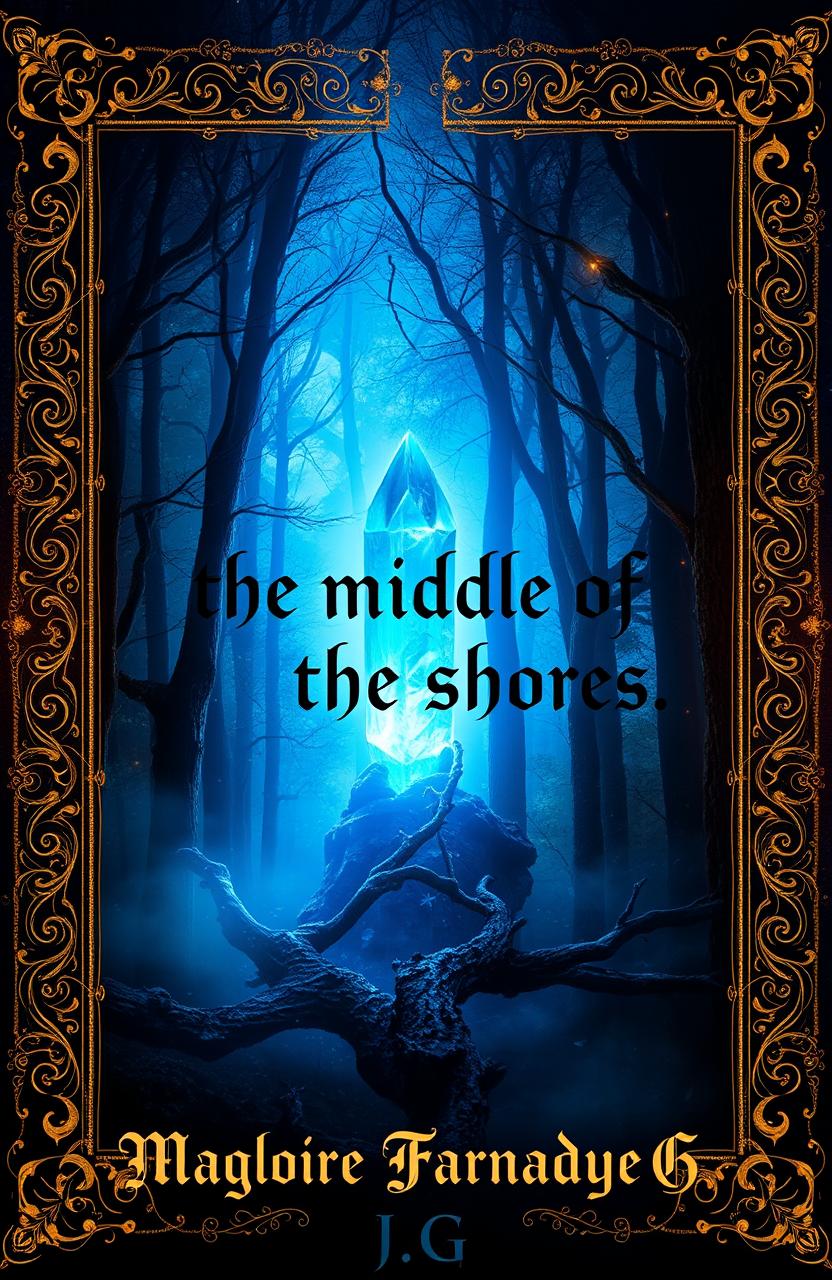 A mystical and dark forest with a stunning blue crystal at the center, radiating enchanting light