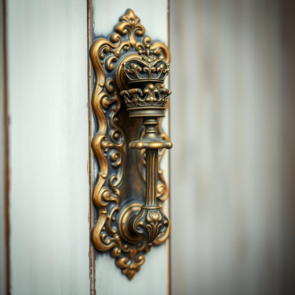 A tall door handle intricately designed with a king motif, showcasing royal elements and ornate detailing, made from aged brass to give a sense of elegance