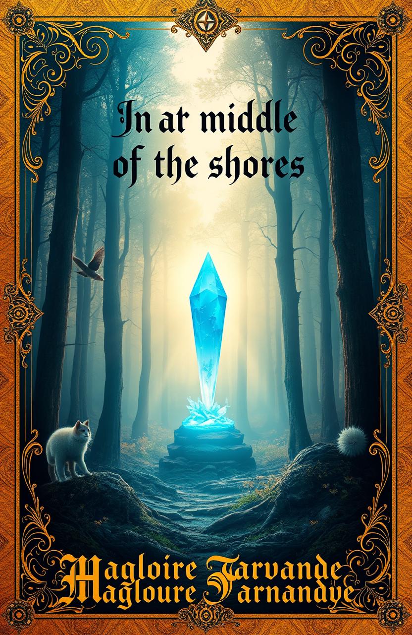 A mystical, enchanted forest setting with a mesmerizing blue crystal at the center, surrounded by tall, ethereal trees