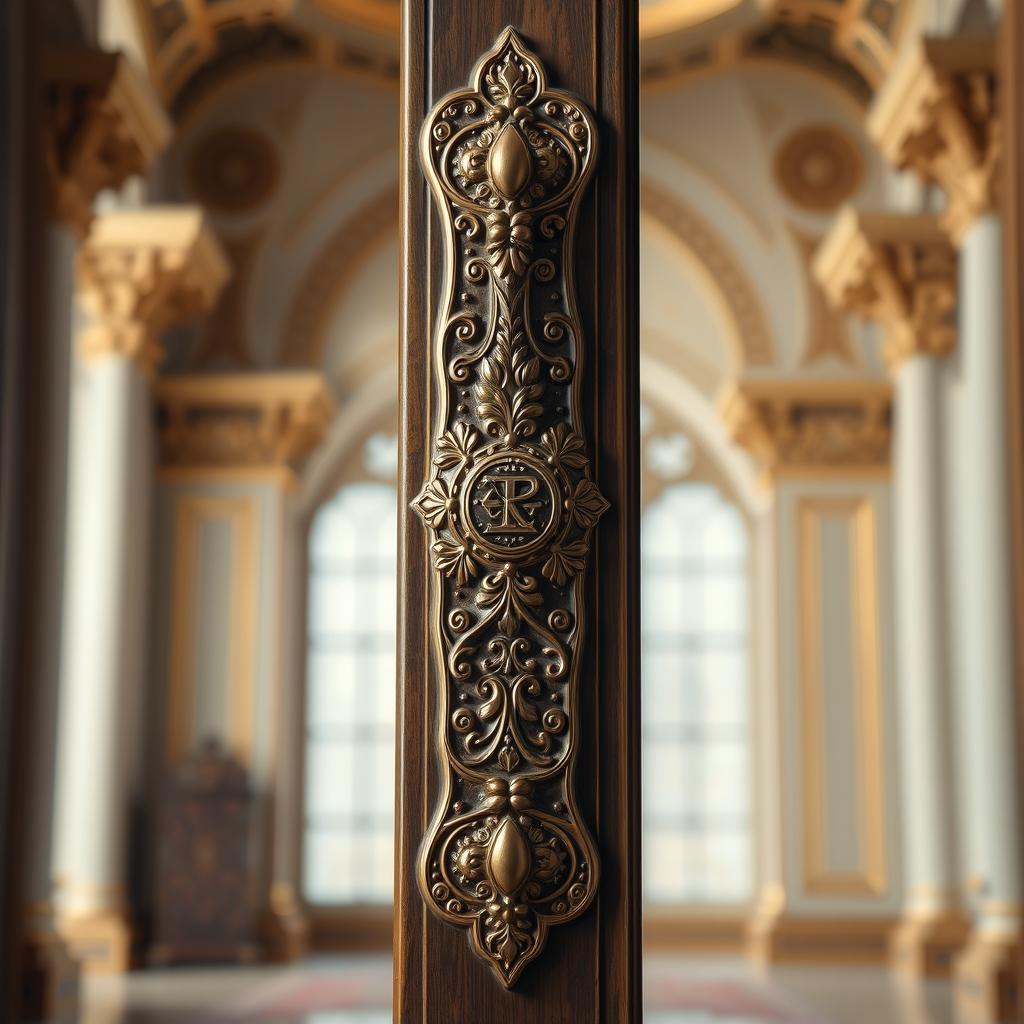 A tall door handle intricately designed with a motif inspired by Cyrus the Great, incorporating historical Persian elements such as floral patterns and ancient script
