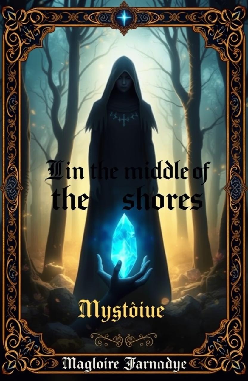 A fantasy book cover featuring Mystique, a somber figure in a magical forest with a glowing blue crystal in the center