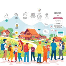 A dynamic illustration depicting various customer segments within the digital village tourism ecosystem