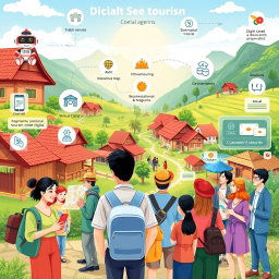 A dynamic illustration depicting various customer segments within the digital village tourism ecosystem