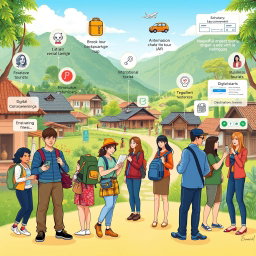 A dynamic illustration depicting various customer segments within the digital village tourism ecosystem