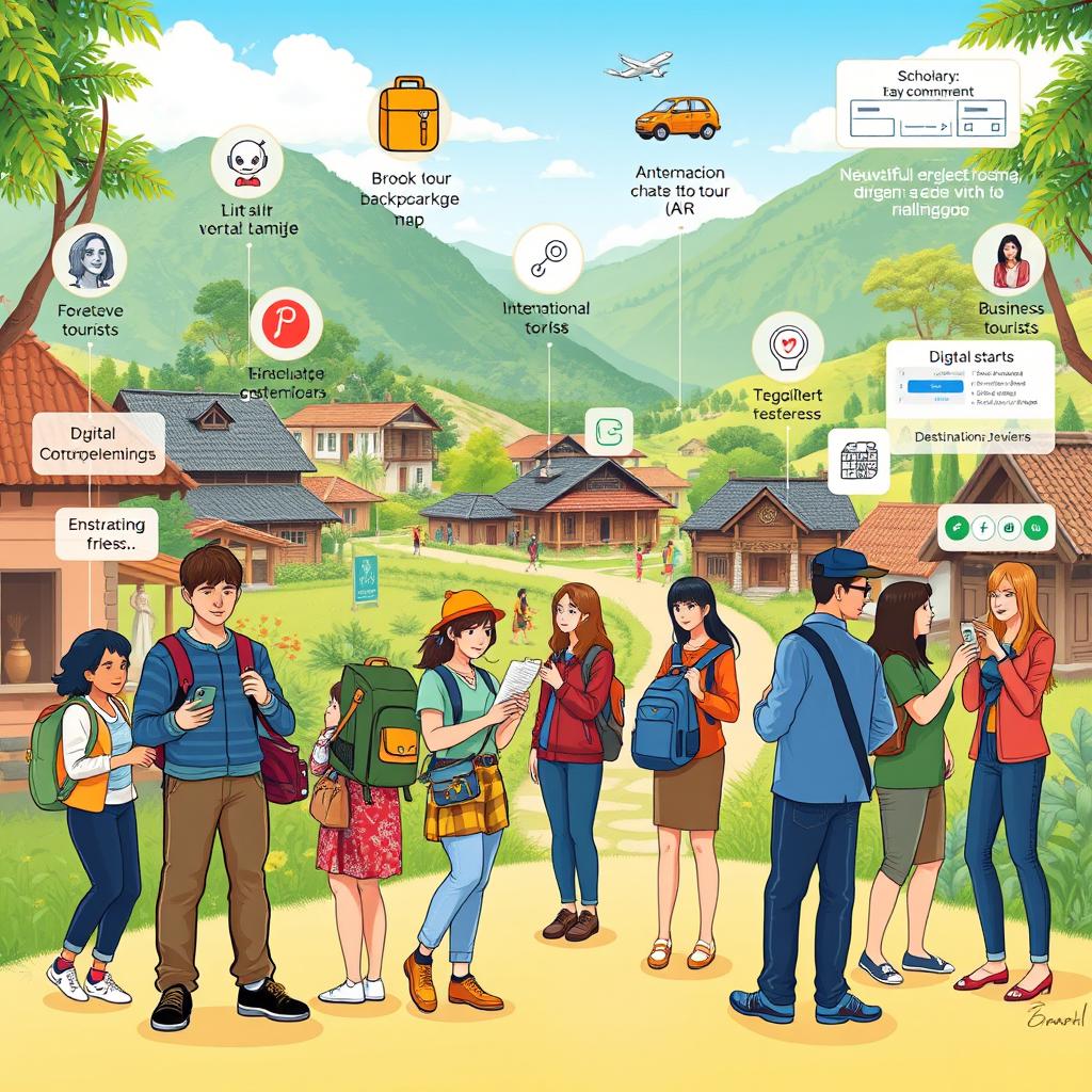 A dynamic illustration depicting various customer segments within the digital village tourism ecosystem