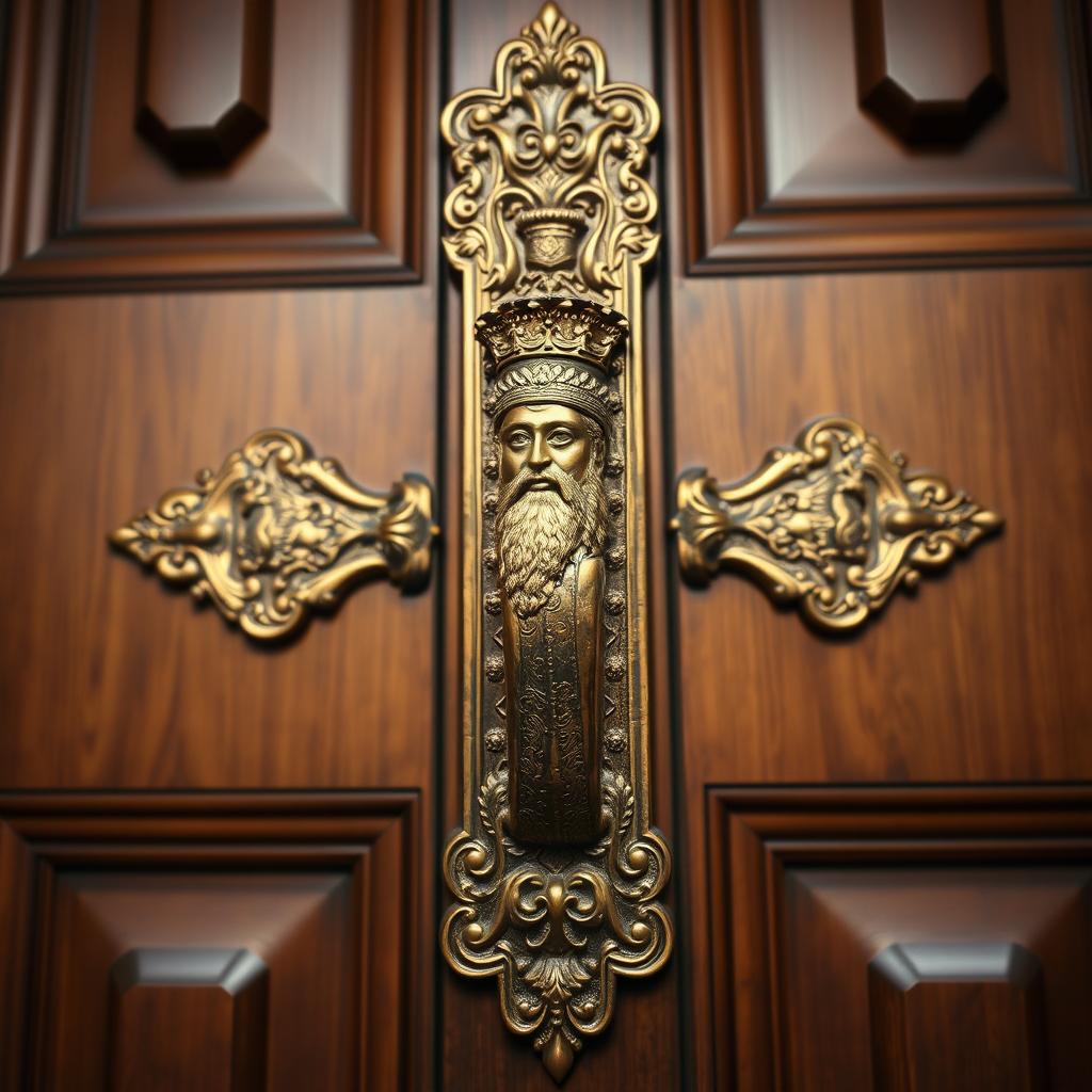 A tall, ornate door handle featuring intricate engravings of the legendary figure King Cyrus the Great