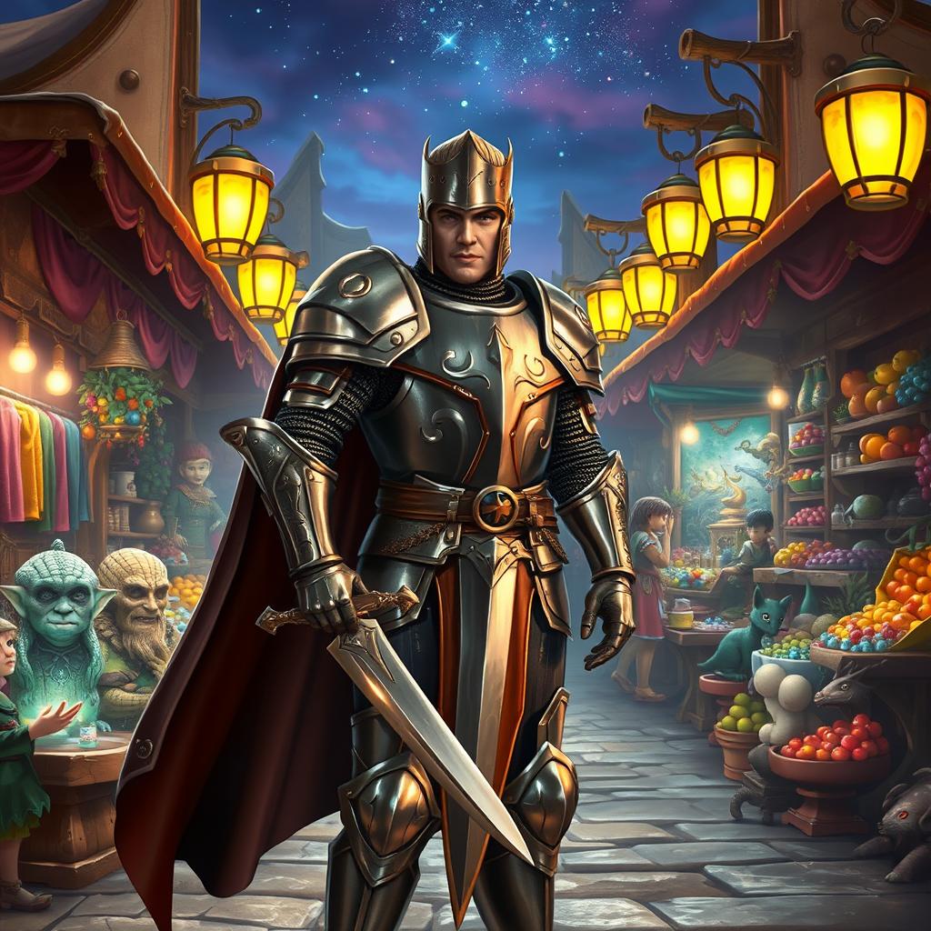 A brave knight clad in shining armor, standing confidently in the foreground of a vibrant mythical market