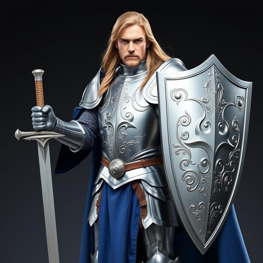 A valiant knight in shining armor, standing confidently with a sword in one hand and a shield in the other, showcasing intricate engravings on the armor