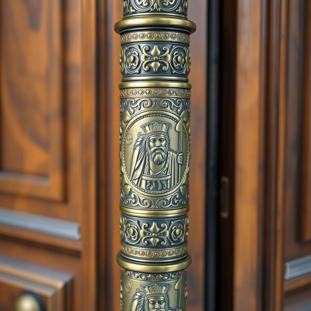 An ornate, tall cylindrical door handle featuring intricate engravings of King Cyrus the Great, symbolizing ancient Persian artistry