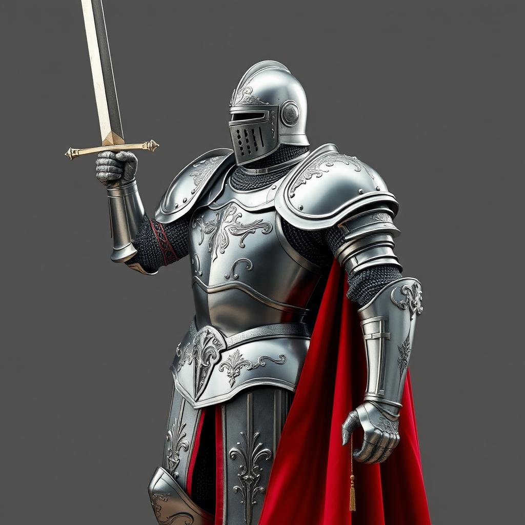 An armored knight clad in full plate armor, standing heroically with a sword raised high