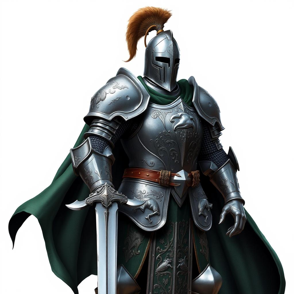 An impressive armored knight in full plate armor, exuding strength and bravery