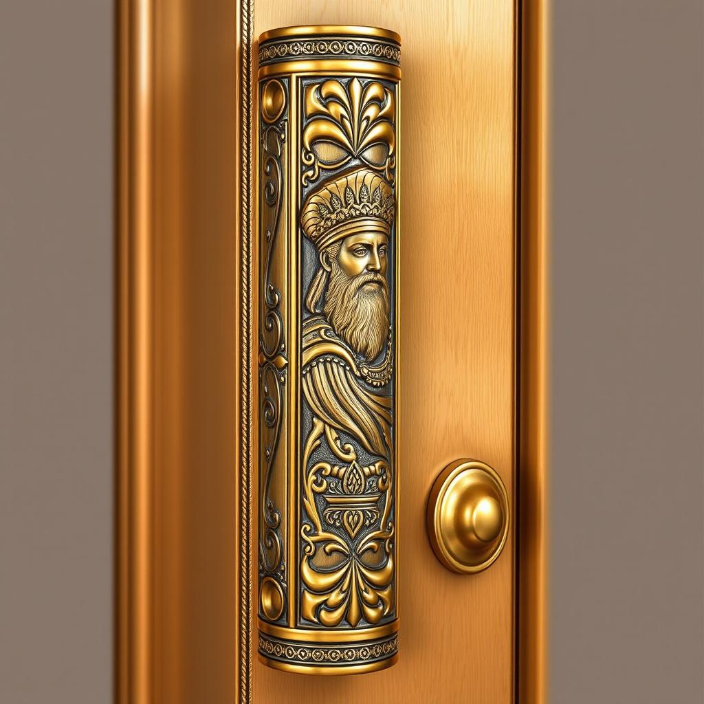 A tall, thick, cylindrical door handle featuring intricate carvings that portray the figure of Shah Cyrus (Cyrus the Great), showcasing detailed ornate patterns and embellishments that reflect ancient Persian artistry