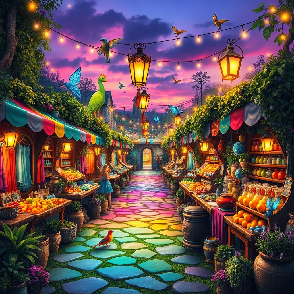 A vibrant mythical market bursting with bright colors, featuring an array of fantastical stalls lined with enchanting goods
