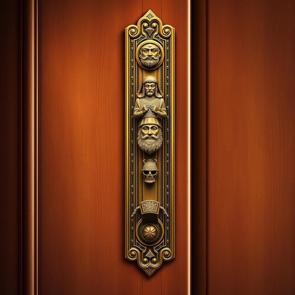 A detailed illustration of a tall, rectangular, thick door handle featuring an intricate design of King Cyrus's image