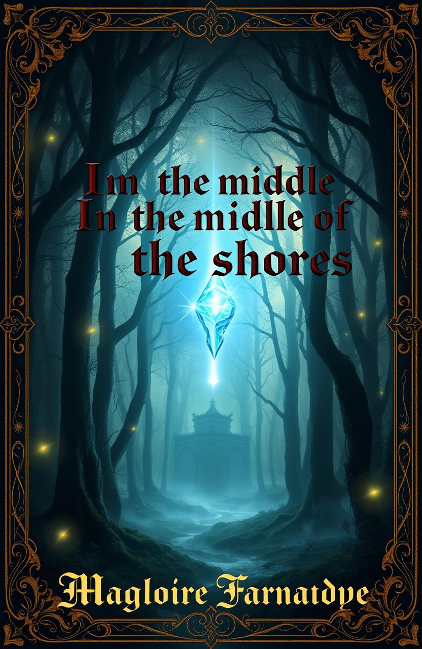 A mystical, sombre forest with towering, enchanting trees, filled with a magical atmosphere featuring a radiant blue crystal at the center