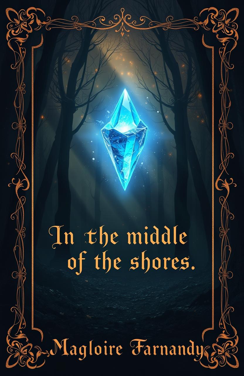A mystical fantasy book cover featuring a somber scene set in an enchanting forest