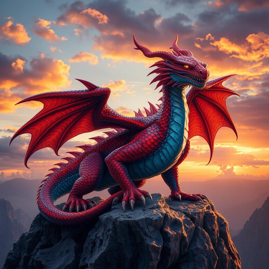 A majestic and powerful dragon with a robust, muscular build, featuring vibrant red and blue scales that shimmer in the light