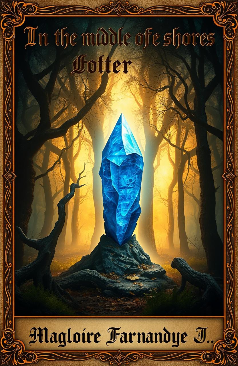 A magical forest filled with somber, mystical energy, featuring a stunning blue crystal at the center