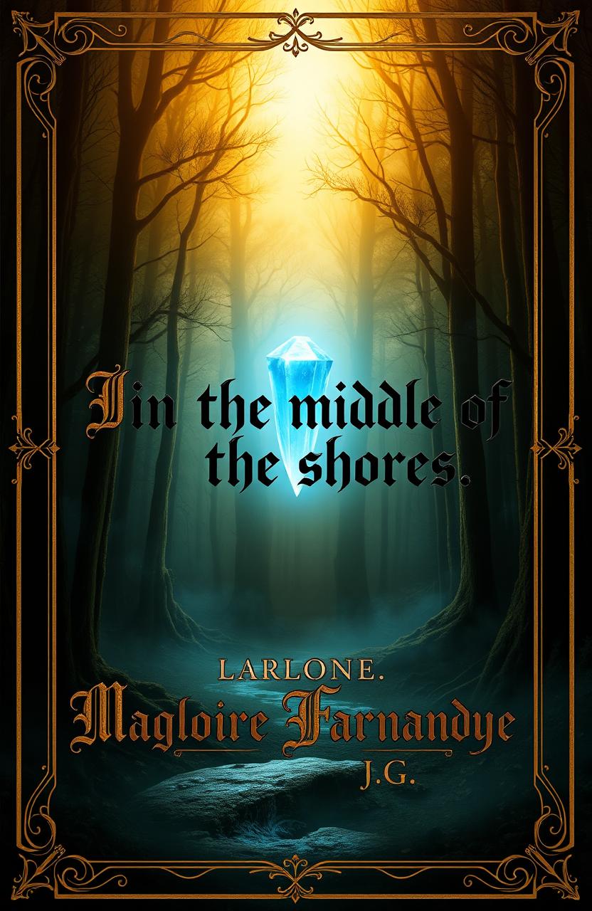 A mystical forest scene featuring deep shadows and a radiant blue crystal in the center