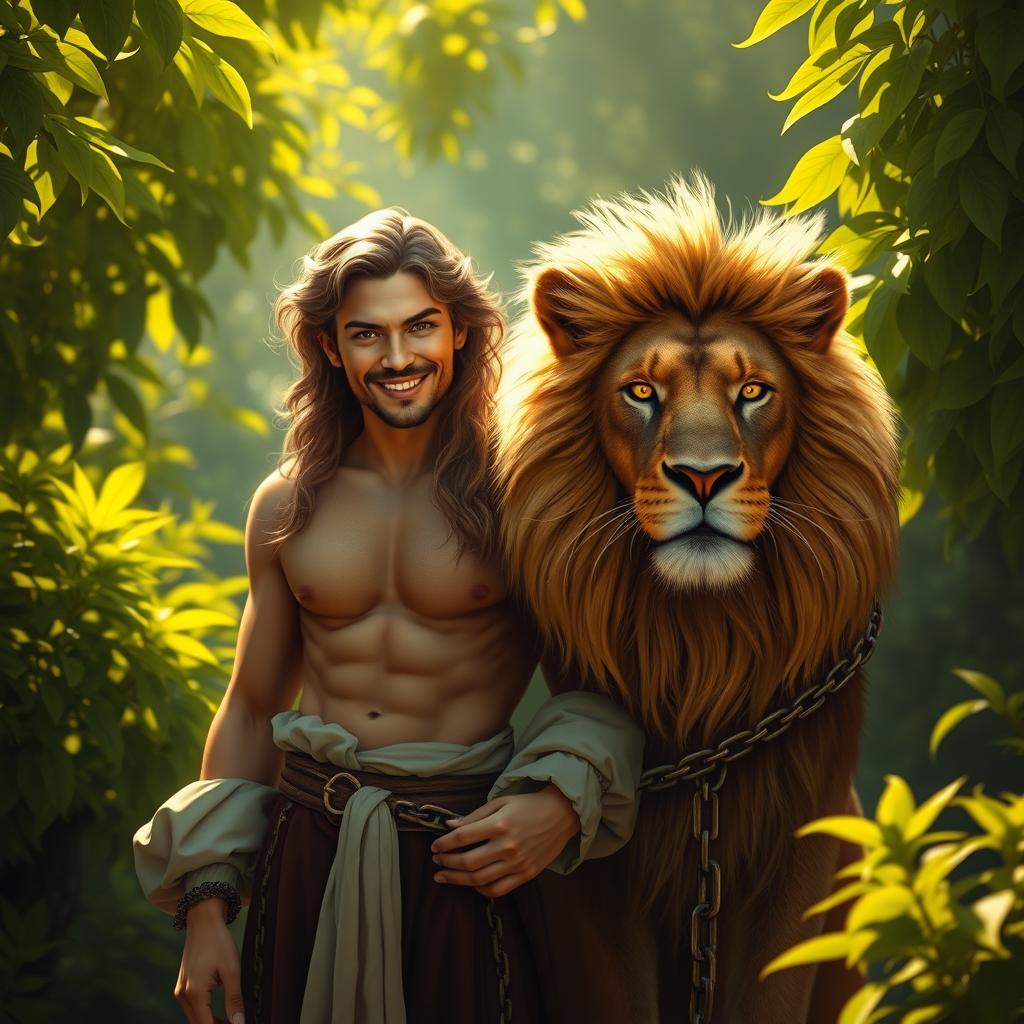 A majestic portrayal of Lucifer with a charming smile, standing confidently beside a strong, regal lion that is chained