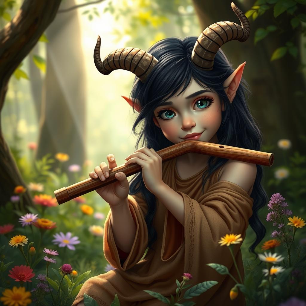 A young satyr girl with dark hair, enchanting and playful, is skillfully playing a flute in a mystical forest setting