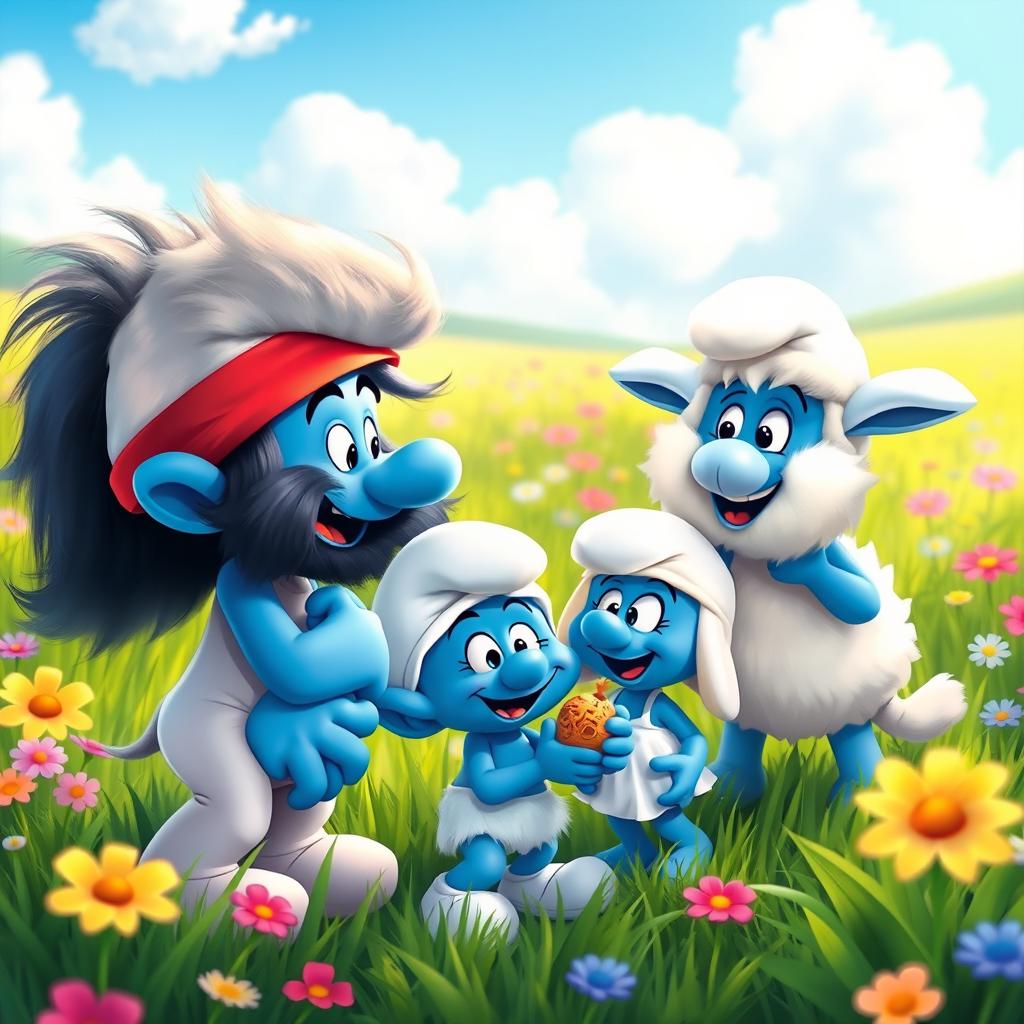 A vibrant and whimsical scene featuring the Smurfs interacting joyfully with Shaun the Sheep in a lush green meadow
