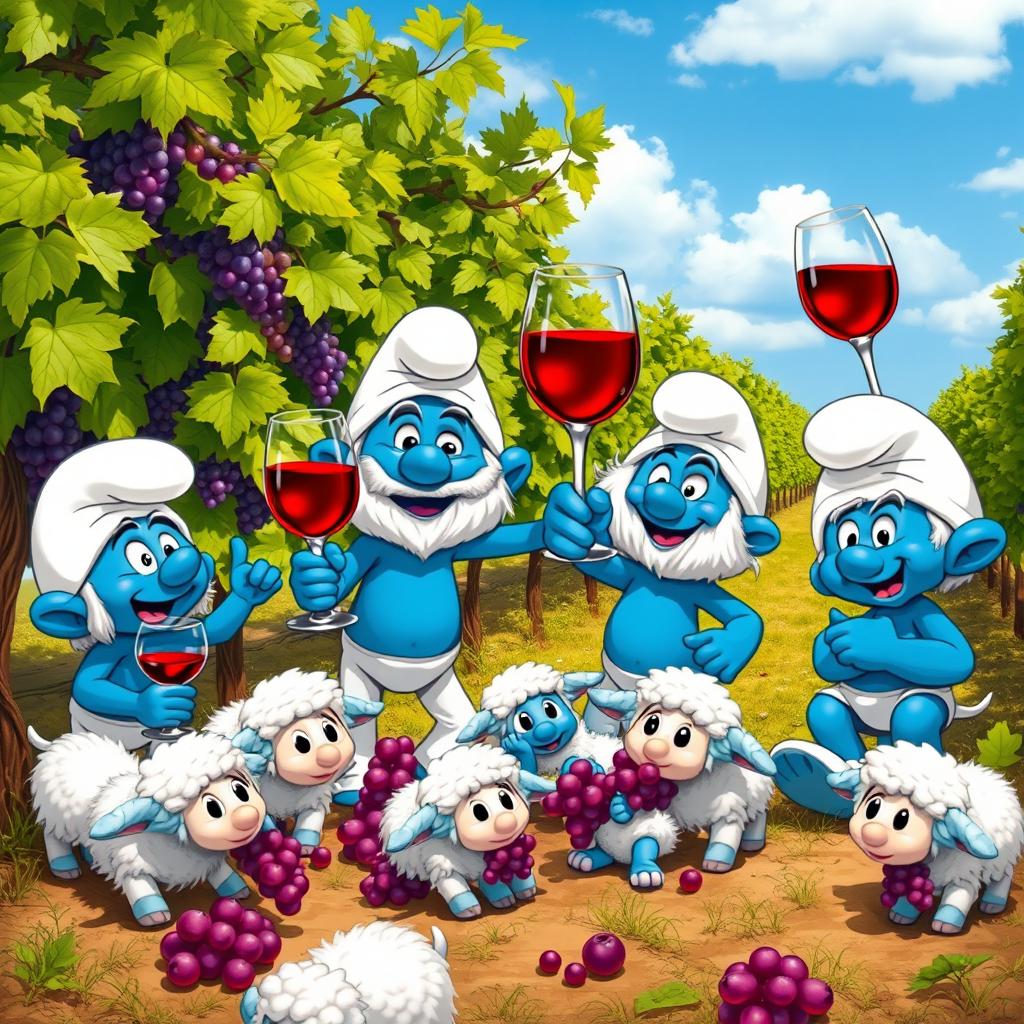 A whimsical and colorful scene featuring Smurfs and fluffy white sheep gathered in a picturesque vineyard