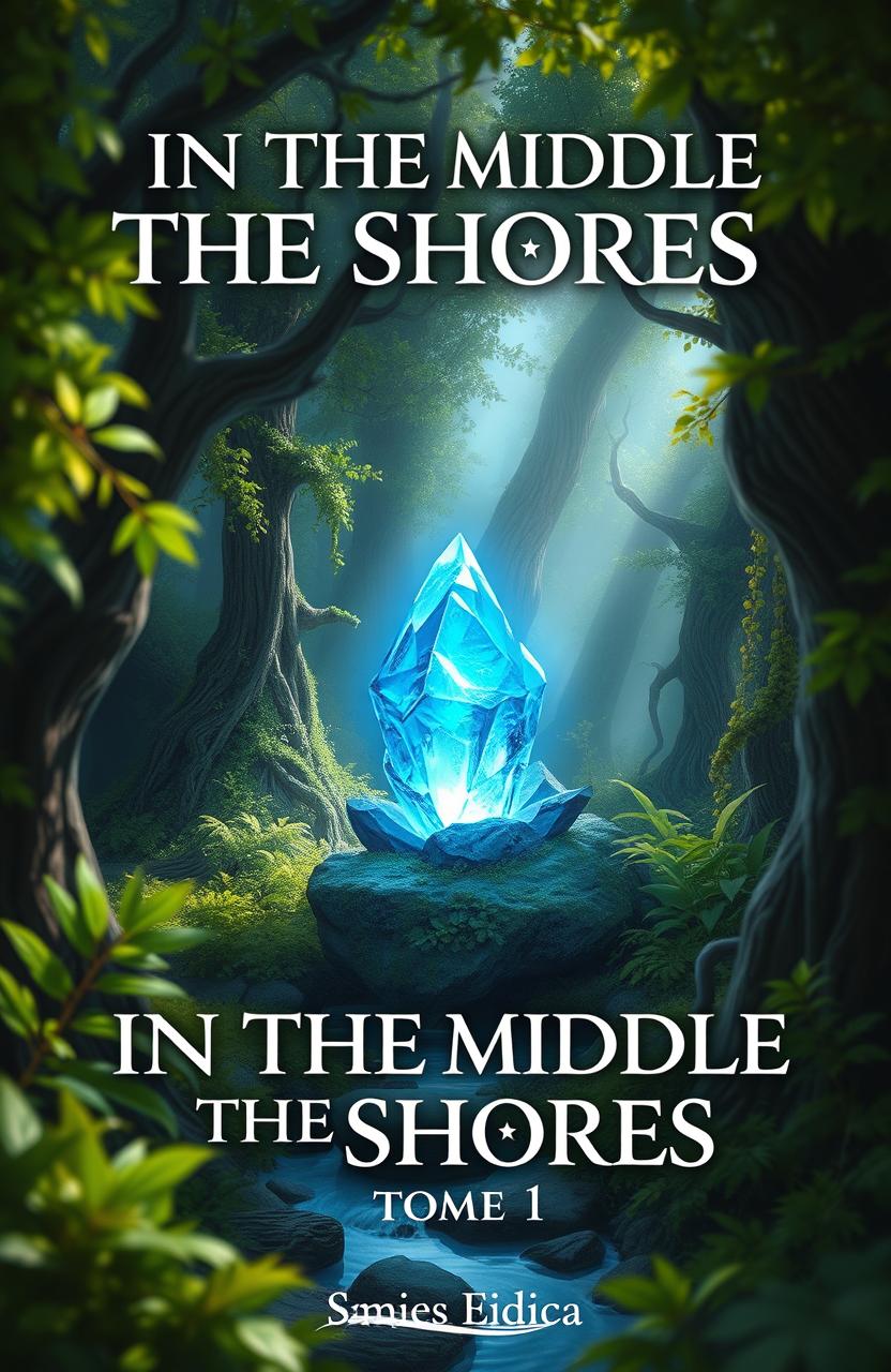 A captivating book cover for 'IN THE MIDDLE OF THE SHORES', Tome 1, featuring a stunning blue crystal glowing at the center, nestled within a mystical forest
